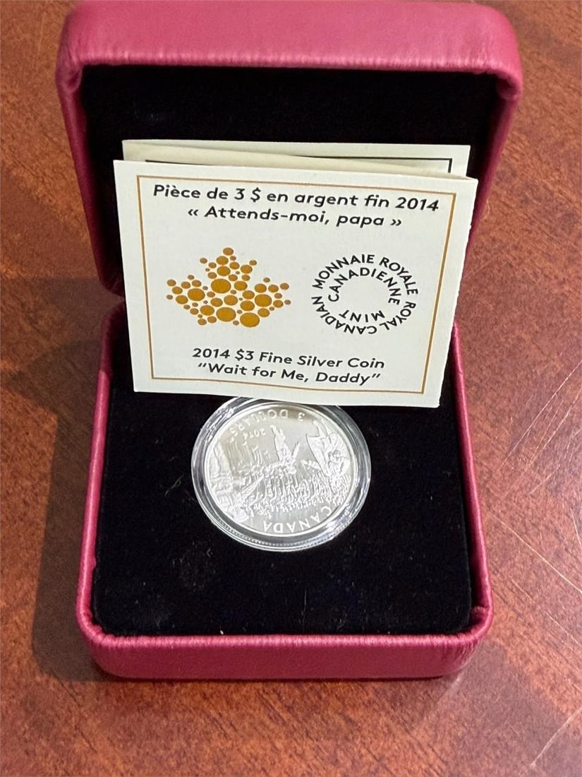 2014 Royal Canadian Mint $3 fine silver coin: 014 Royal Canadian Mint $3 fine silver coin commemorating the "Wait for Me, Daddy" photograph. Subject: Commemorates the iconic 1940 photograph of a young boy running after his father who is marching 