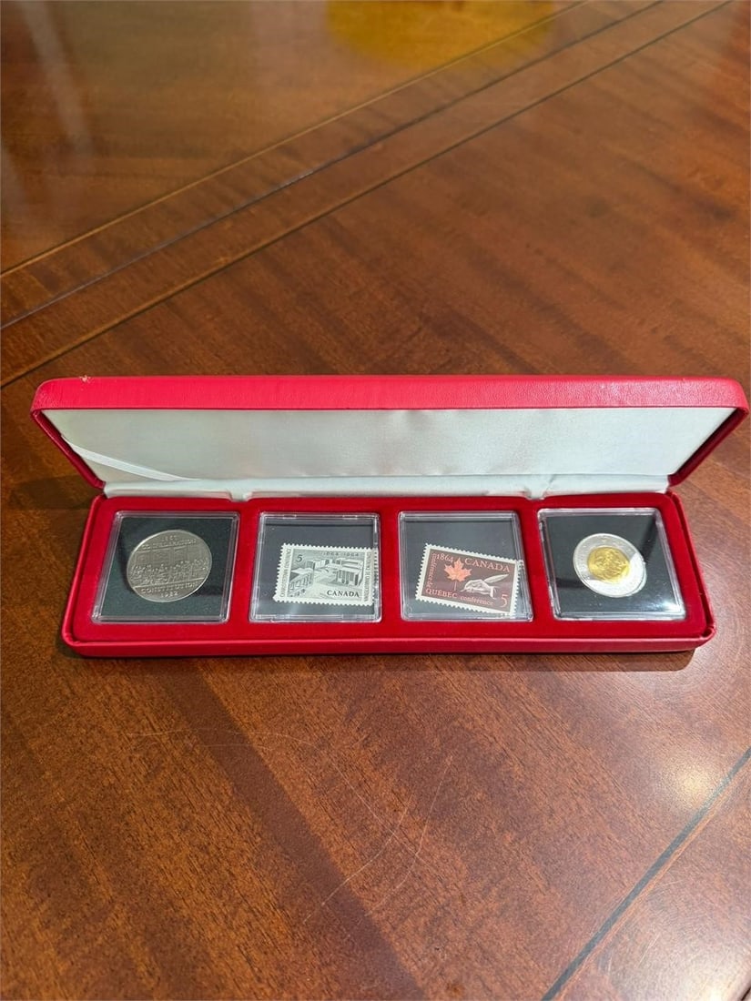 1982 Canadian Collector's set Proof Like: 1982 Canadian collector's set, a Proof or Specimen set from the Royal Canadian Mint, featuring coins and commemorative stamps in a red display case.