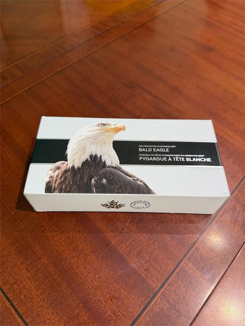 2015 Canadian Royal Mint Fine Silver Bald Eagle: 2015 Canadian Royal Mint Fine Silver Fractional Set featuring the Bald Eagle. Coins: The set includes four proof coins struck in .9999 fine silver. Composition: The coins have a total silver weight of