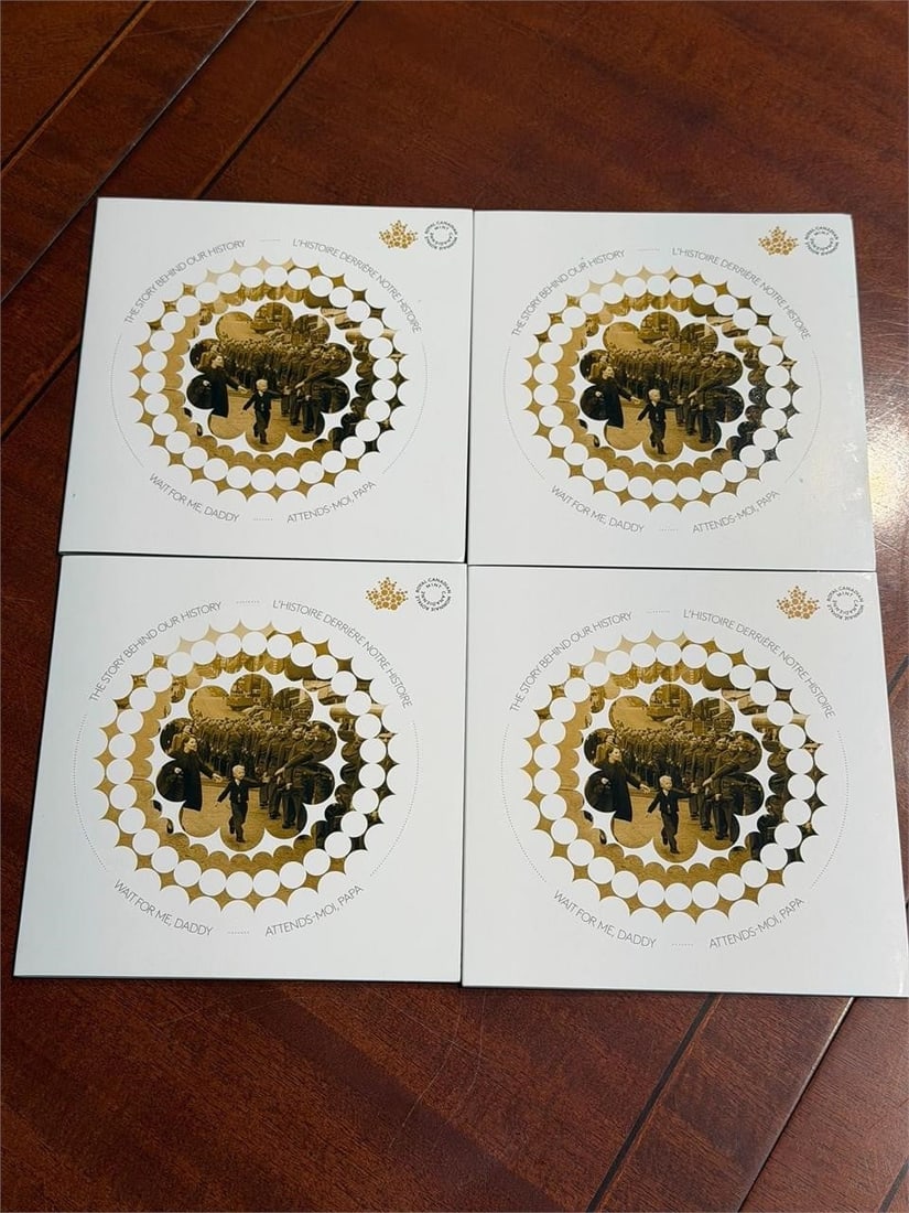 Collector Cards 4 Canadian Two-dollar Toonie Coins: Lot of 4 Special collector cards for Canadian two-dollar "Toonie" coins commemorating the 75th anniversary of the Second World War. Design: Features the iconic "Wait for Me, Daddy" photograph of a you