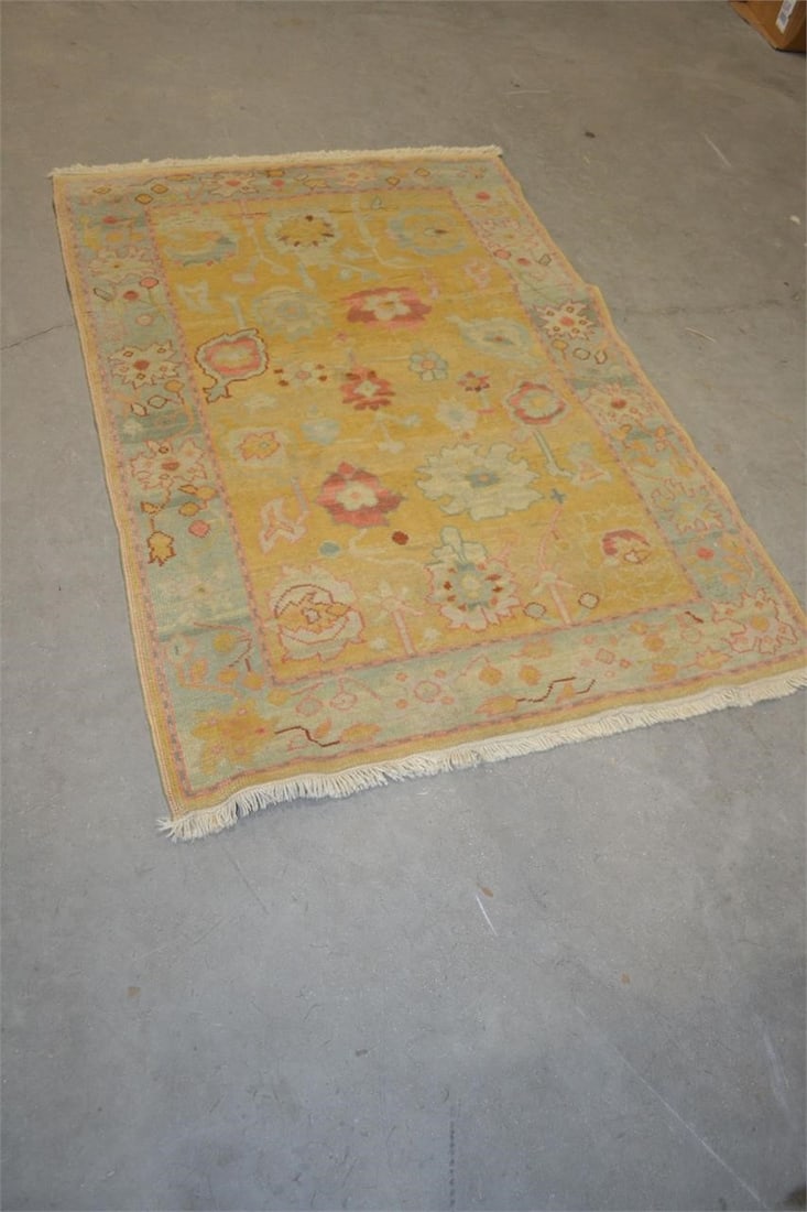 WOOL HAND KNOTTED AREA RUG 50" X 77": WOOL HAND KNOTTED AREA RUG 50" X 77" CELEDON AND GOLD with Fringe Great Condition