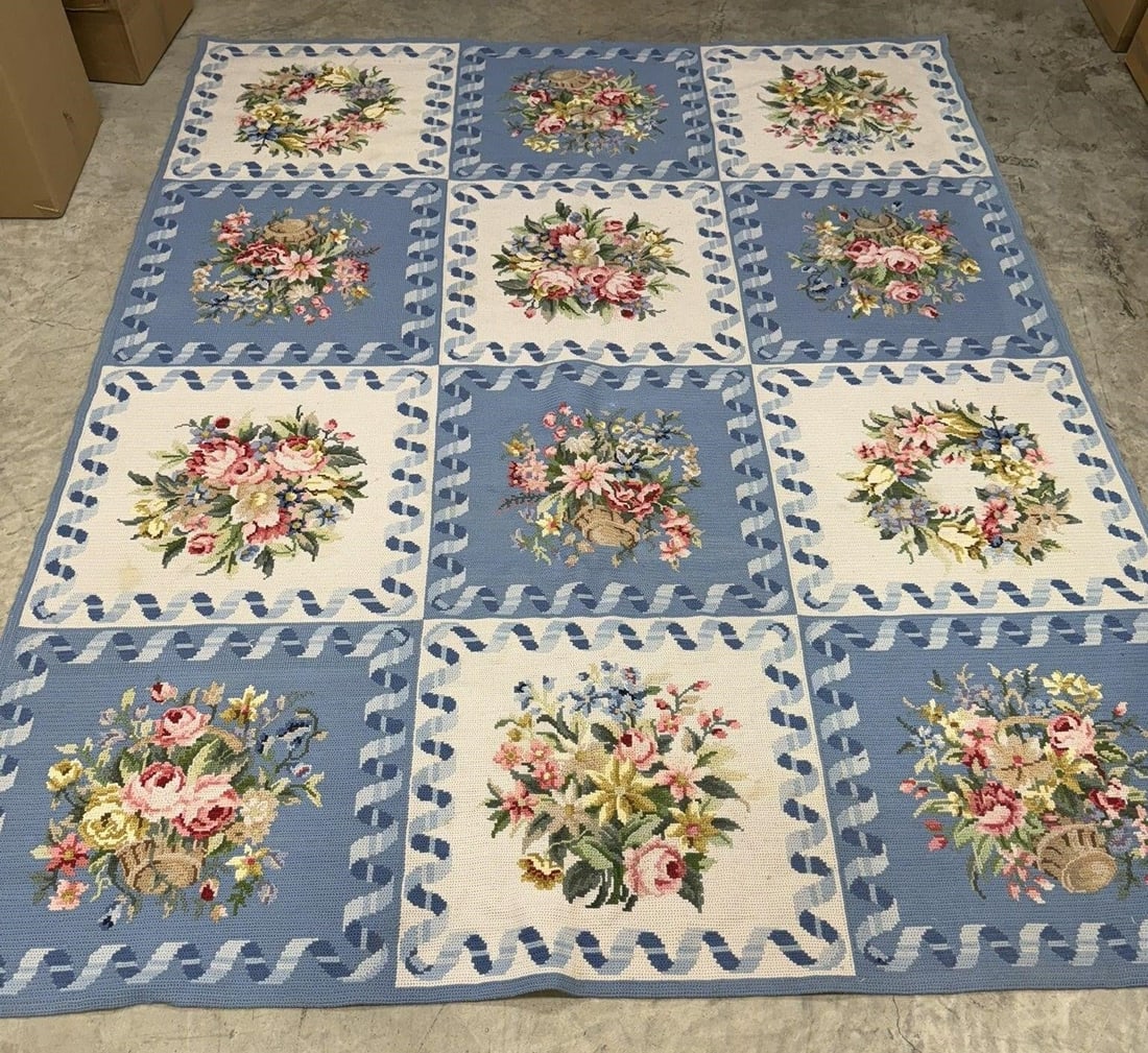 Stark Blue/White Botanical Needlepoint Carpet: Diamond & Baratta for Stark Carpet Blue and White Botanical Needlepoint Carpet, alternating blue and white blocks with floral baskets, floral wreaths and floral bouquets, blue and white braided ribbon