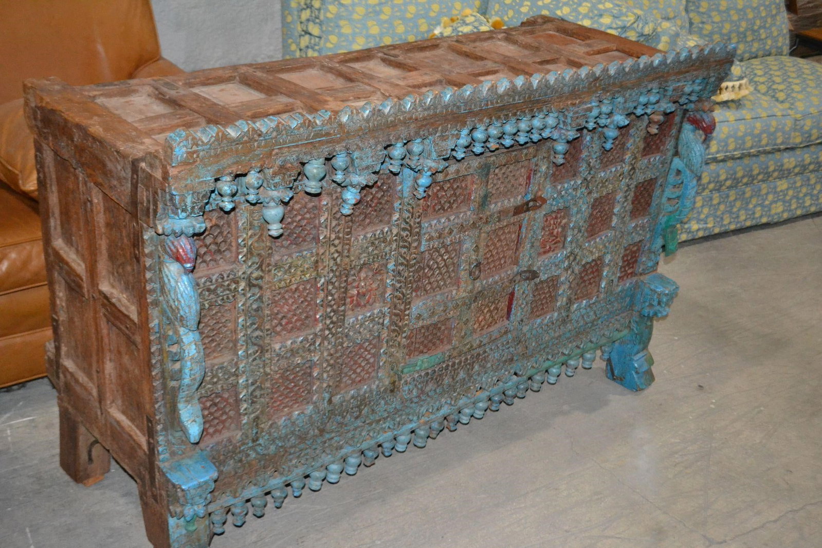 VTG SOLID WOOD SIDEBOARD ANTIQUE BLUE CABINET: VINTAGE SOLID WOOD SIDEBOARD ANTIQUE BLUE SINGLE DOOR CABINET Wedding Dowry Damachiya Chest on Legs with carved Décor Intricate carving details Panels on Top, Sides and Back with Iron accents.