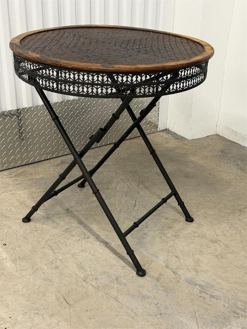 Rattan Faux Bamboo Folding Table and 2 Chairs: Rattan Faux Bamboo Folding Table and 2 Folding Chairs Set of 3 Black foldable metal accent table with a brown woven top Measurements 28" x 29"H