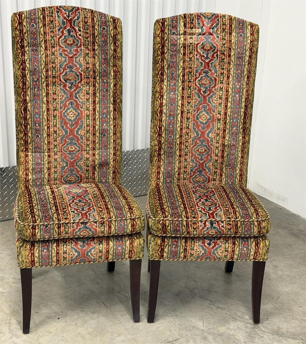 Pair Striped High back Chairs Chenille Fabric: Upholstered dining chairs with high backs and a colorful, vertically striped pattern. Chenille FabricMeasurements 18 1/2"W x 15"D x 46"H
