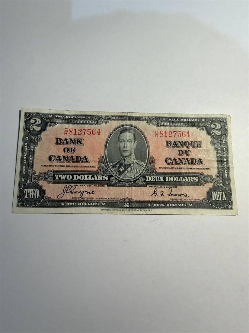 Canada Currency $2 Two Dollar 1937 Banknote: Canada Currency $2 Two Dollar 1937 Banknote