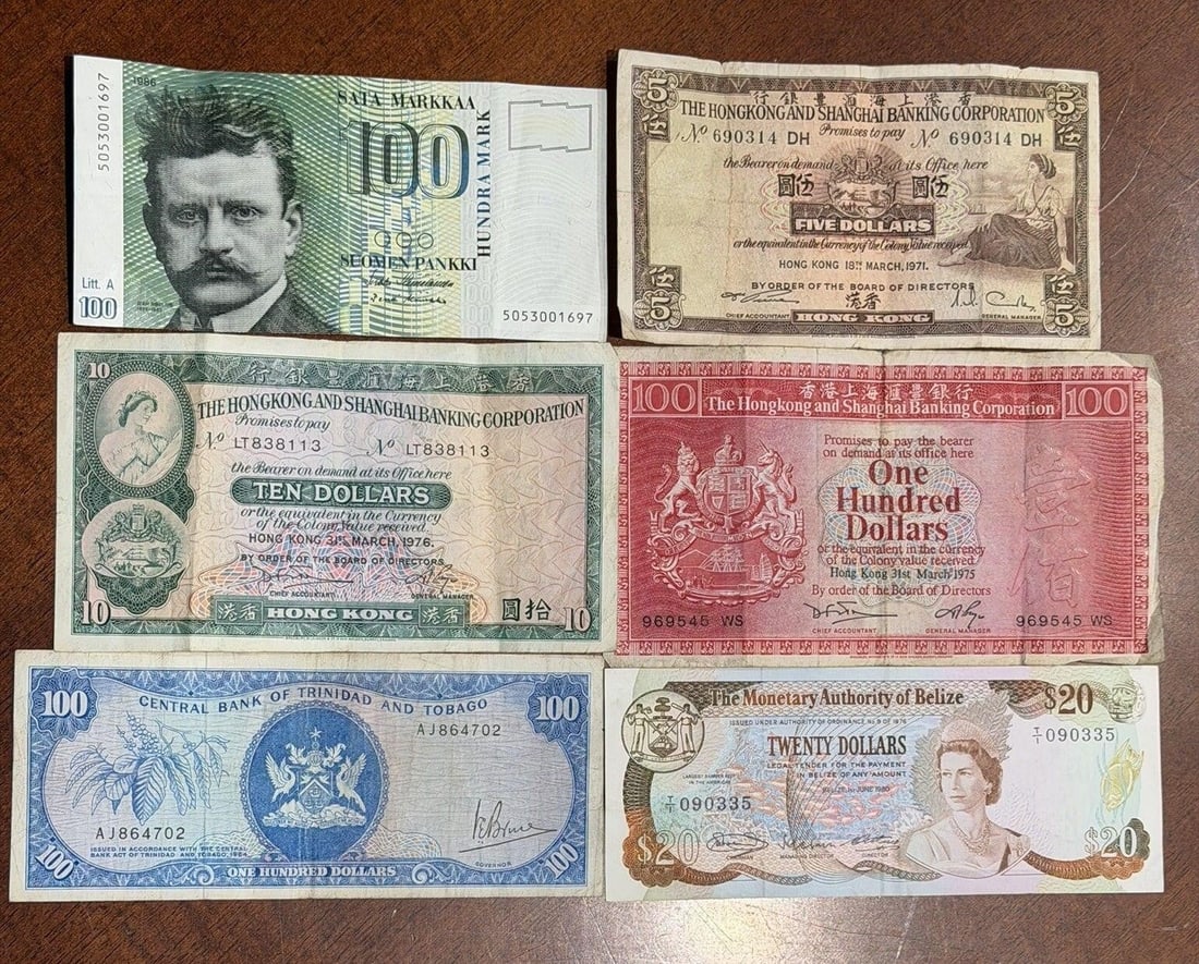 Lot of 6 Six Foreign Banknotes: Lot of Six Foreign Banknotes to IncludeBelize, Finland, (3) Hong Kong, Trinidad