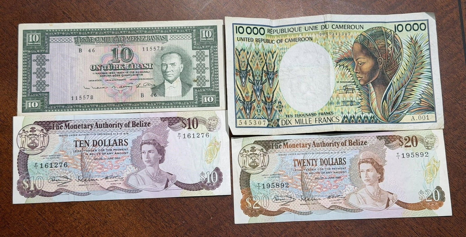 Lot of 4 Four Foreign Banknotes: Lot of Four Foreign Banknotes to Include(2) Belize, Cameroon, Turkey