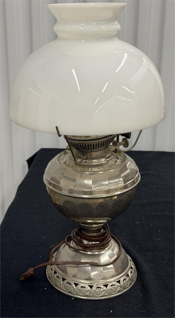 Radiant No4 Oil Lamp by Bradley & Hubbard Electric: No. 4 Radiant Electrified Oil Lamp manufactured by the Bradley & Hubbard Manufacturing Company. Nickel-plated finish and a white milk glass shade. Also have the Glass Insert from the oil lampMeasureme