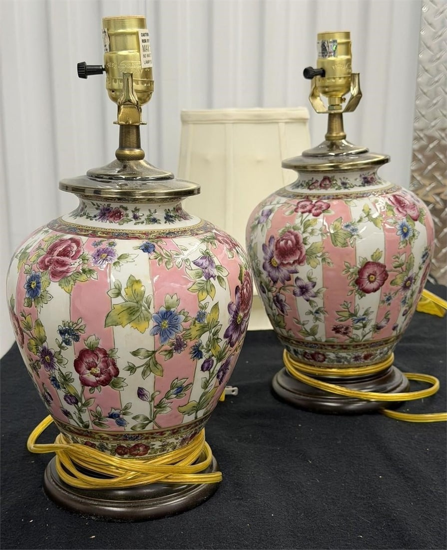 Vintage Pair Floral and Striped Lamps with Shades (1 of 3)