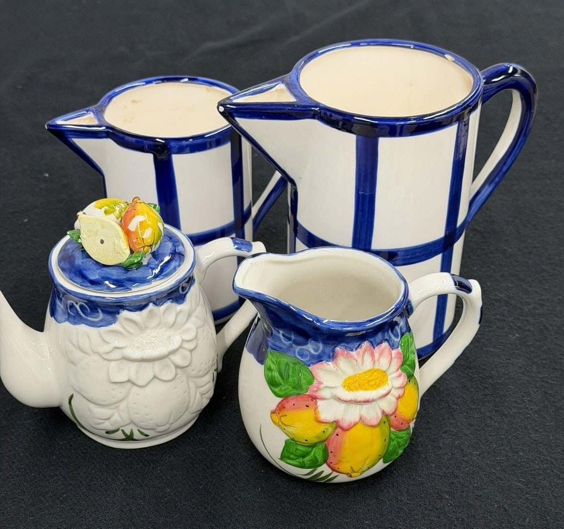 VTG Collection 4pc Ceramic Pitcher Tea pot Creamer: Vintage Collection of Four (4) Pieces includes Two Ceramic Pitchers, Tea pot and Creamer Hand PaintedOne Pitcher has Crack on outside not insideMeasurements Largest 6.5"H