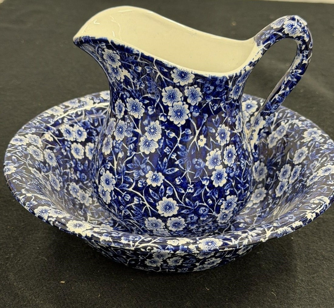 Vitg Royal Crownford Staffordshire Pitcher & Bowl: Vintage Royal Crownford Staffordshire Blue Calico Pitcher and Wash Basin setMeasurements Pitcher 6" x 6"H Basin 9" x 2.5"H