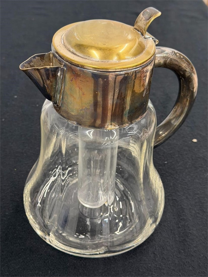 Vintage Glass and Silverplated Cocktail Pitcher: Vintage Glass Pitcher Silver-plated top and a central ice cylinder designed for cooling beveragesMeasures 7" x 10"H