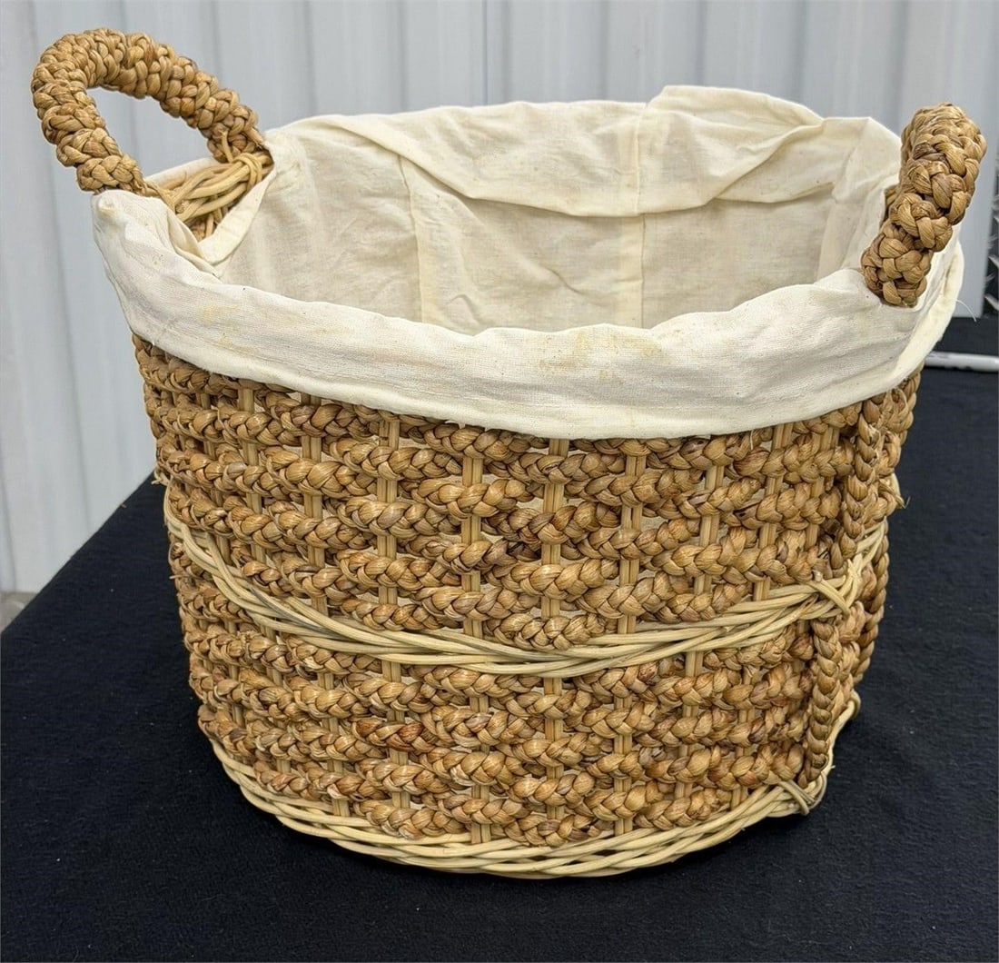 Pair Decorative Seagrass Lined Laundry Baskets: Pair Lot of 2 Decorative Seagrass Lined Laundry Baskets or General Home Storage with Handles. Lining needs to be washed Measurements 15"D x 11"H