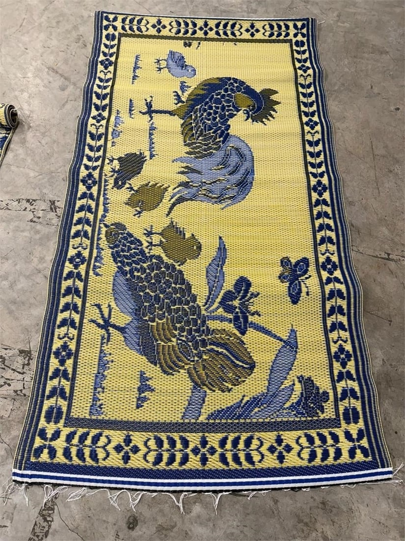 Chinese-inspired Rooster Rug 100% Recycled Plastic: Set of Two Decorative area rug featuring a Chinese-inspired Rooster design with a yellow background and blue floral patterns. Made in Thailand 100% Recycled PlasticMeasurements 3' x 5'11"Measurements 