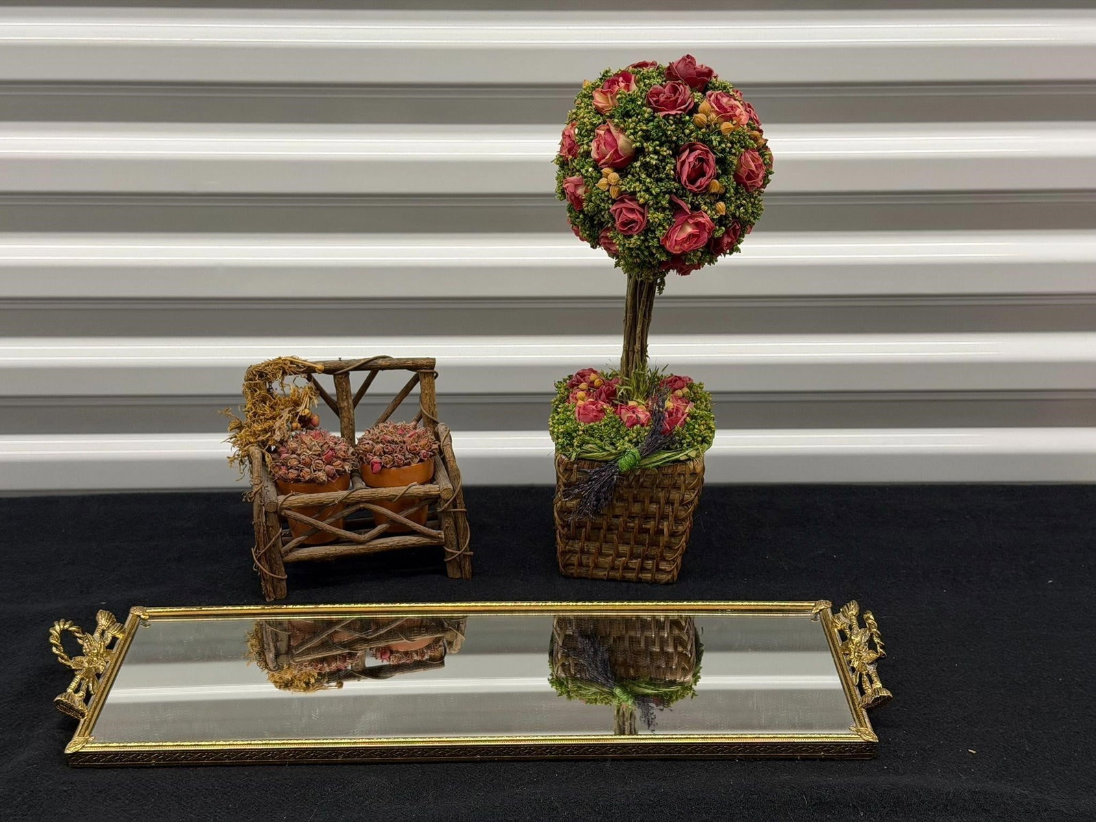 Rose topiary tree, rustic mini bench mirrored tray (1 of 3)