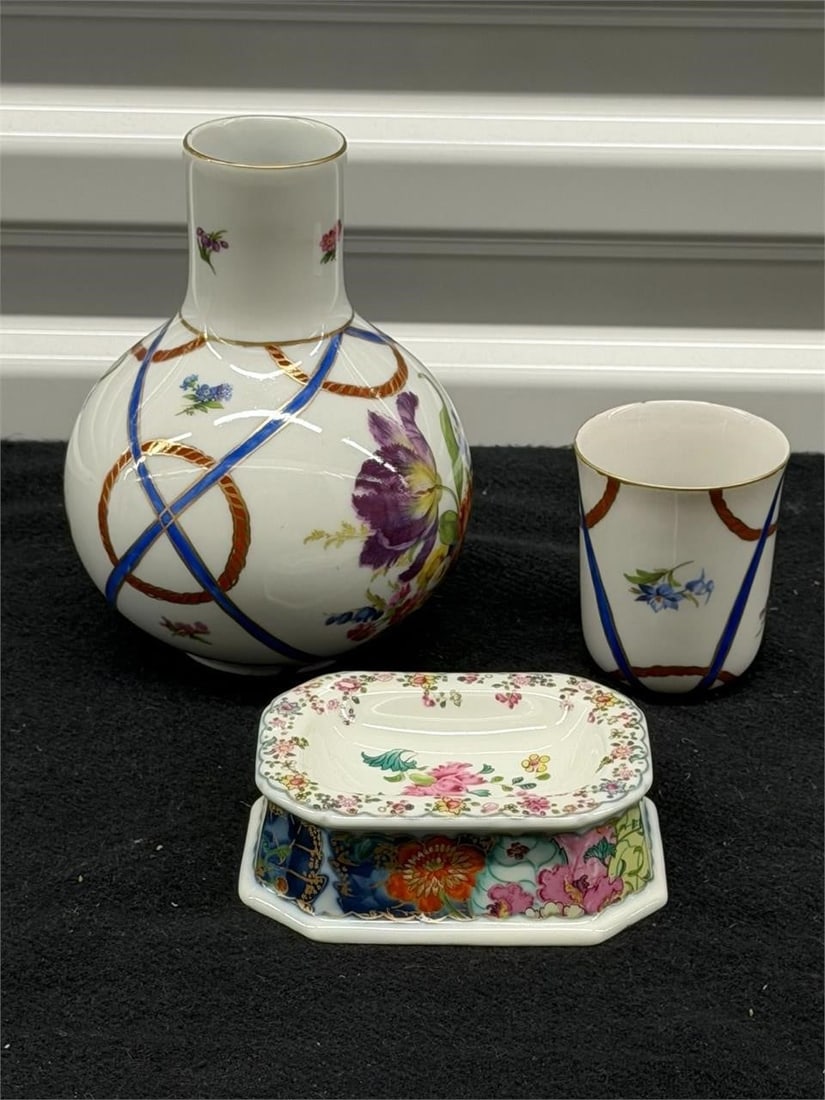 Elios France Bedside Carafe & Tumbler, Salt Dish: Lot of 3 Pieces Vintage Elios France Dresden Floral Porcelain Bedside Carafe with tumbler, tumble up. Approximately 6.50" Hand Mottahedeh Tobacco Leaf Master Salt Dish Made in Portugal 4.25"L