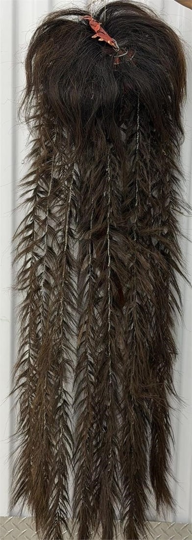 Vintage Balinese Rangda Mask Hand Crafted: Traditional Balinese Rangda mask, representing the demon queen of the leyaks (evil spirits) in Balinese mythology. Crafted from wood, gilded leather, horsehair, and pigmentsMeasurements 18"W x 48"HSee