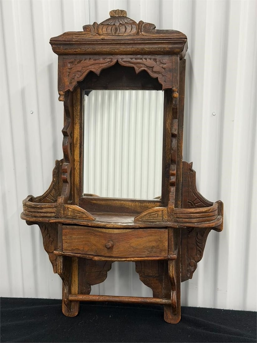 Vintage Wooden Jharokha hand-carved Wall Mirror: Vintage Wooden Jharokha, hand-carved wooden wall mirror from India or a small home Altar With working drawerMeasurements 21"W x 6"D x 32"H