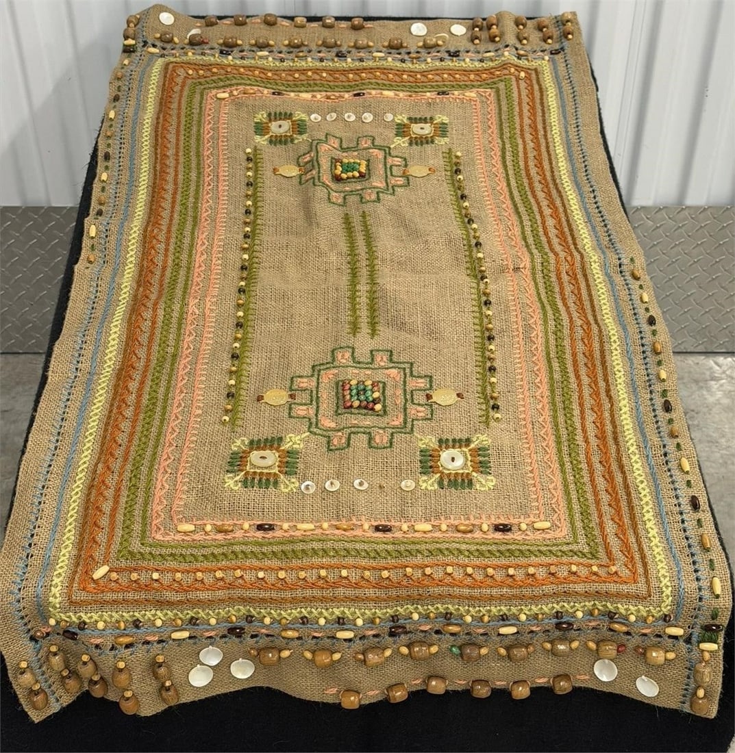 Vintage Woven Wall Hanging Fiber Based: Vintage, handwoven textile art piece a wall hanging or decorative textile, similar to designs produced by Don Freedman Natural jute or burlap fiber base Features geometric embroidery in various colors