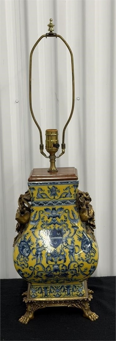 Castilian Style Yellow & Blue Crackle Table Lamp: Castilian Style Yellow & Blue Crackle Table Lamp Features a yellow-glazed ceramic body decorated with blue motifs, often referred to as "crackled yellow porcelain" mounted with ormolu bronze details a