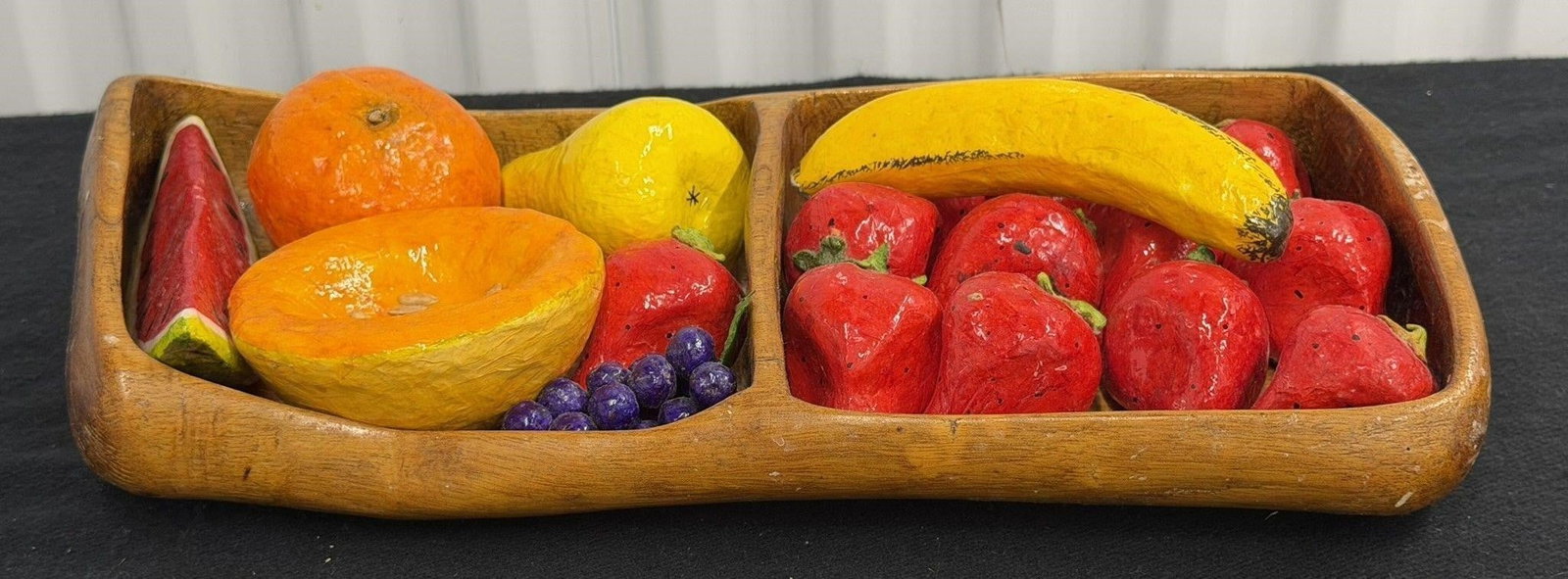 Carved Wood Bowl with handmade Papier-mâché Fruit: Vintage decorative hand carved wood bowl filled with handmade papier-mâché fruit, often referred to as a "Mexican pottery fruit bowl"Measurements 18"W x 8.5"L
