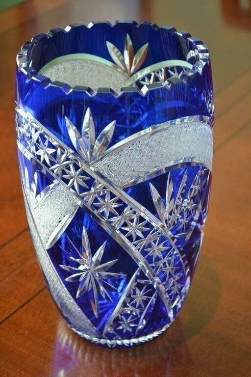 Imperlux Cobalt Blue Lead Crystal Vase 11 1/2": Imperlux Cobalt Blue 24% Lead Cut to Clear Crystal Vase 11 1/2" Made in East Germany Brilliant fan cut crystal with Sawtooth Edge. Star Bottom Vintage Bohemian. Excellent Condition Measures 6 inch dia