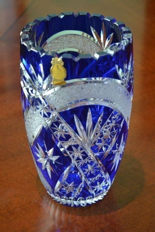 Cobalt Blue Lead Cut to Clear 7 3/4" Vase & Bowl: Cobalt Blue Lead Cut to Clear 7 3/4" Vase & BowlImperlux Cobalt Blue 24% Lead Cut to Clear Crystal Vase 7 3/4" Made in East Germany Original Label "Worlds Finest IMPERLUX Genuine Handcut Lead Crystal 