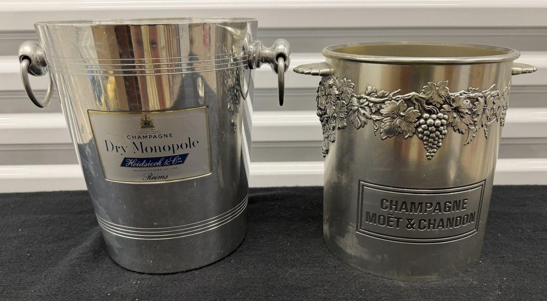 VTG Heidsieck and Moët & Chandon Champagne Buckets: VTG Heidsieck and Moët & Chandon Champagne bucketsVintage Heidsieck & Co. Dry Monopole champagne ice bucket and vintage Moët & Chandon champagne bucket, a collectible piece each designed to chill a 
