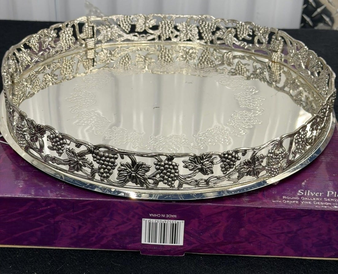 Decorator's Choice Round Gallery Serving Tray 14: Quantity 14 Davco "Decorator's Choice" Round Gallery Serving Tray, featuring a silver-plated finish and a detailed grape vine design In Box
