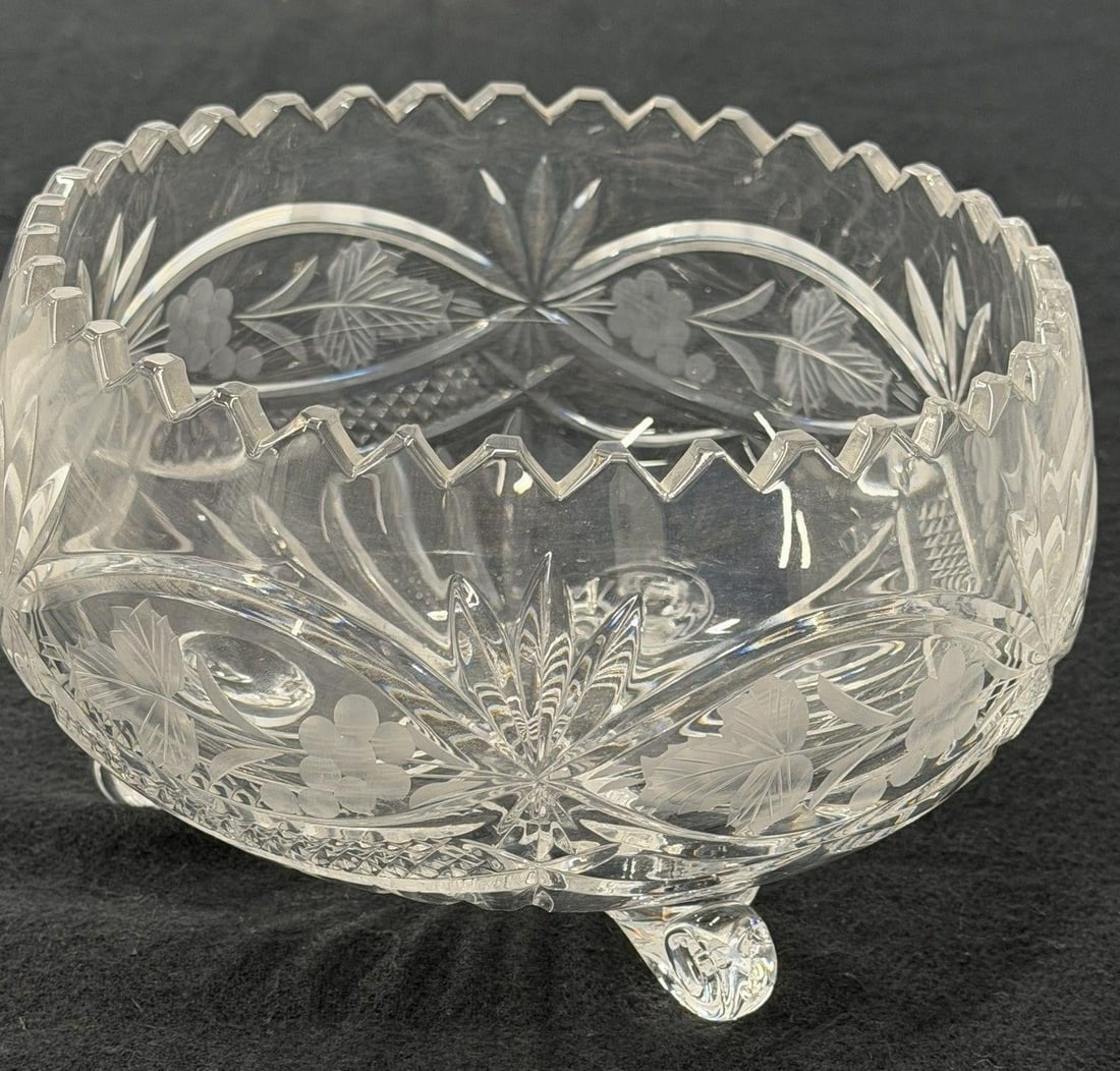 Lot of 10 VTG Bohemian Cut Crystal Bowl footed: Lot of 10 Vintage Bohemian cut crystal bowl featuring a three-footed base and intricate etched or cut floral and leaf patterns. 8"Diameter 5"Hand 3 Candle Sticks each 7"H