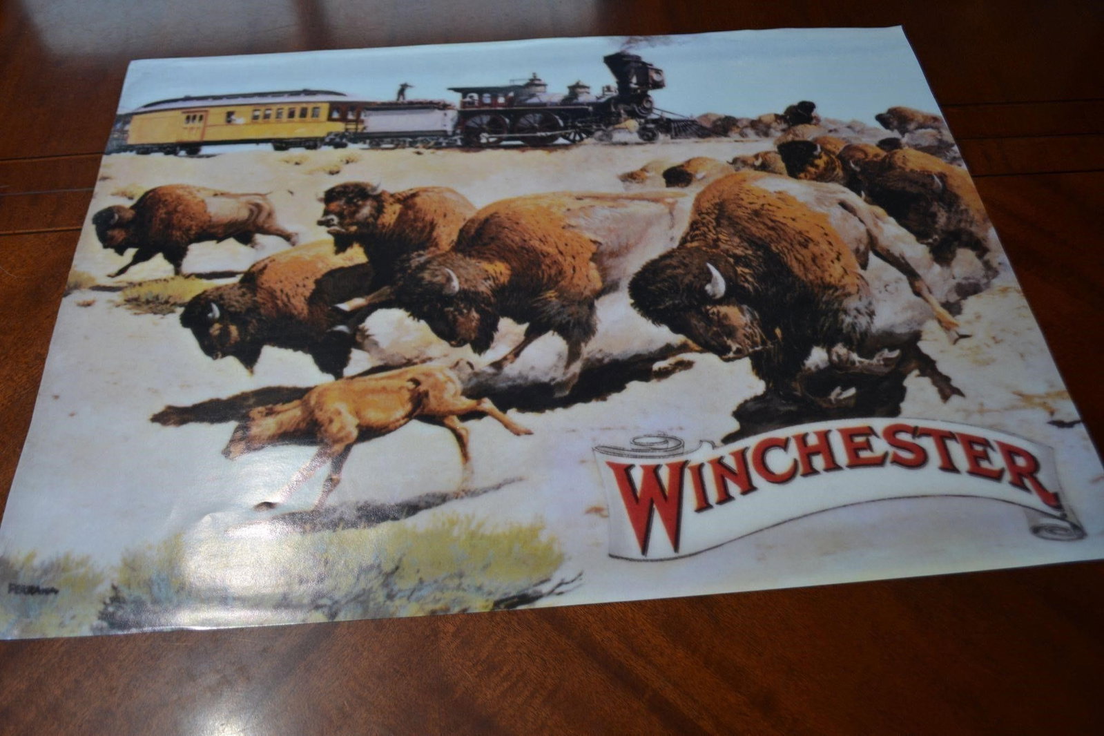 Vtg Winchester Poster by Ferrara 18 x 24" Buffalo: Vintage Winchester Poster by Ferrara 18 x 24" Depicting the Wild West Train & Buffalo Stampede Scene New Vintage Stock Condition Excellent