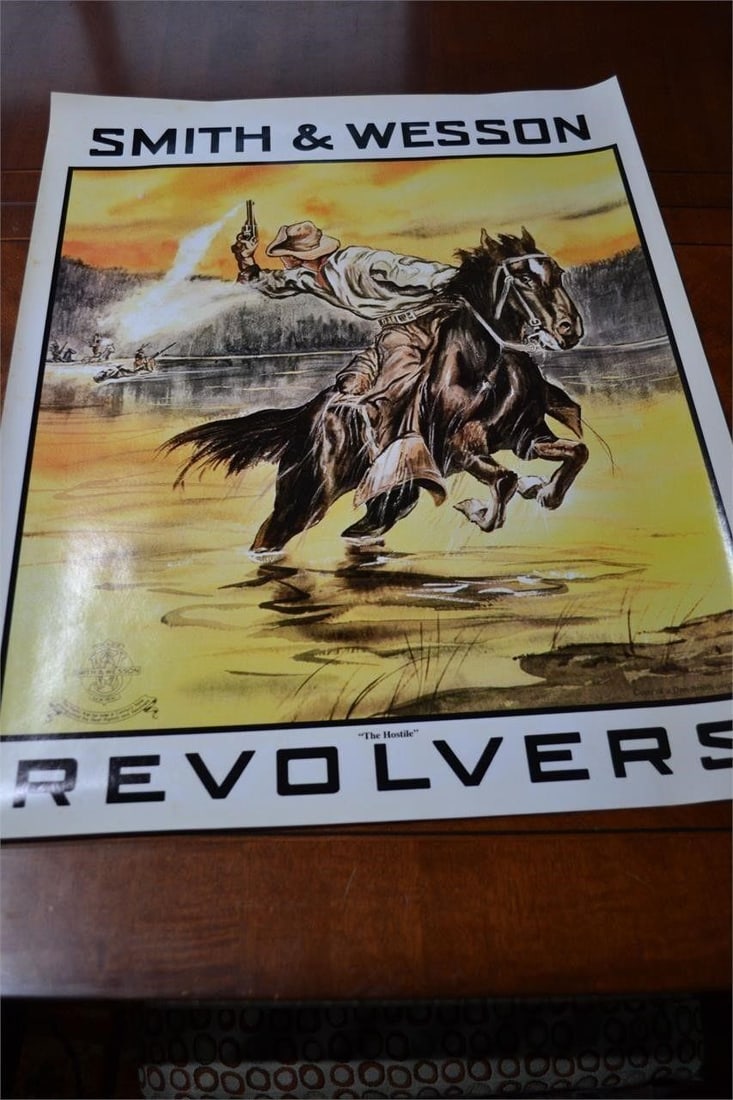 Smith & Wesson Revolver Ad "The Hostile" 17 x 21: Vintage Smith & Wesson Revolver Advertisement "The Hostile" Measures 17 x 21 1/3" This great replica of an original Smith & Wesson advertising poster has been printed on heavyweight archival art paper