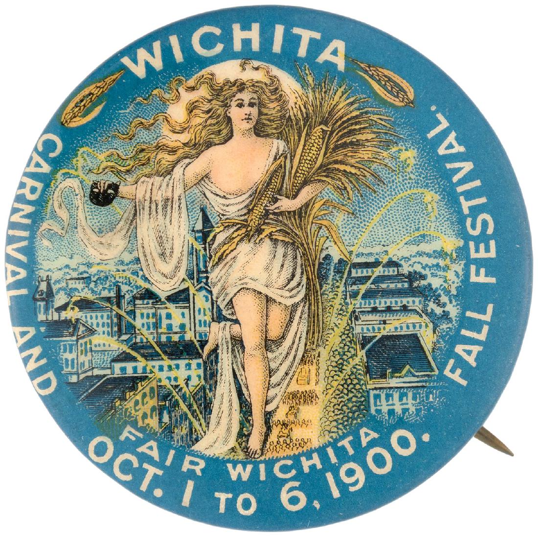 WICHITA 1900 BUTTON WITH EXTRAORDINARY COLOR AND DESIGN: 1.75" with W&H paper. The front design is a bit off center to the left but the button is still spectacular. Produced in fabulous color with the gorgeous scene dominated by full figure of woman standin