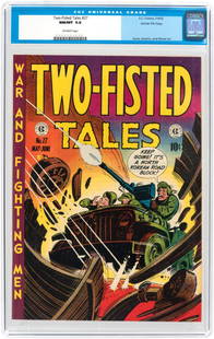"TWO-FISTED TALES" #27 MAY-JUNE 1952 CGC 9.8 NM/MINT GA: EC. Harvey Kurtzman Korean War cover. Jack Davis, John Severin and Wally Wood art. One-page biography on Wood (w/photo) Off-white pages. Gaines File Copy #7 of 10. Comes with COA signed by Bill Gaines