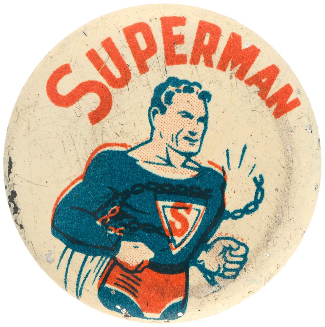 SUPERMAN'S FIRST EVER PIN-BACK BUTTON WITH ACTION COMIC: This is quite the historic button as it is a 7/8" litho issued in 1939 with promotional blue text on a silver reverse reading "Read Superman - Action Comics Magazine". Front design is very slightly of
