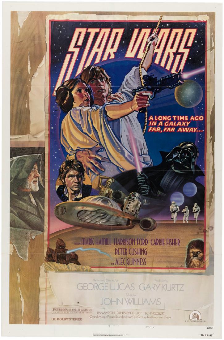 "STAR WARS" STYLE D ORIGINAL 1978 ONE-SHEET MOVIE POSTE: 27x41" poster w/art by Charlie White and Drew Struzan. In July, 1978 Lucasfilm issued the fantastic "Style D" one-sheet which come to be known as the "Circus Poster." Two versions of this poster were