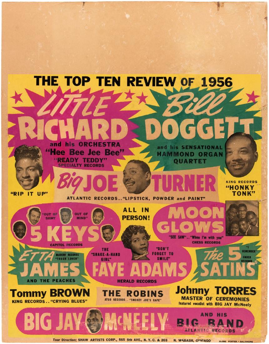 "THE TOP TEN REVIEW OF 1956" CONCERT POSTER FEATURING L: 22x28.25" cardboard Globe poster for 1956 concert that featured Little Richard, Bill Doggett, Big Joe Turner, The 5 Keys, The Moon Glows, Faye Adams and Big Jay McNeely, all of whom are represented by