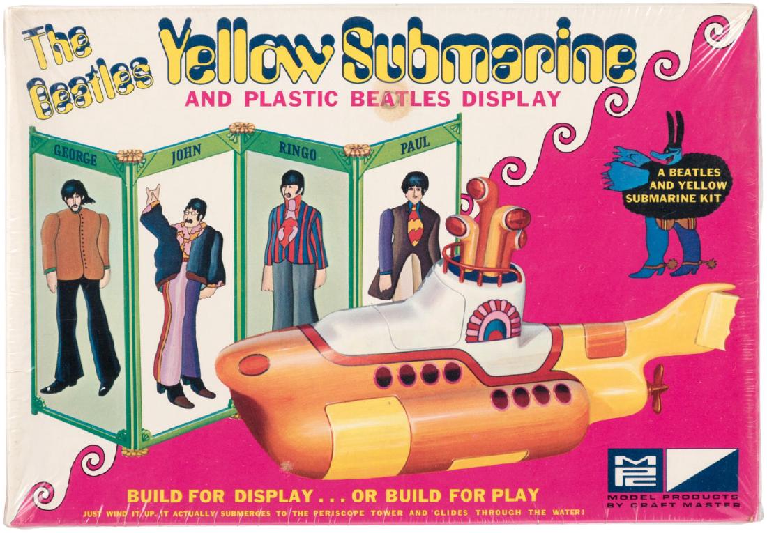 "THE BEATLES - YELLOW SUBMARINE" FACTORY-SEALED MODEL K: 6.5x9.5x3.5" deep nicely illustrated box contains complete model and three-dimensional Beatles display. MPC model kit No. 617-200, ©1968 King Features-Subafilms, Ltd. Sub model to be wound when assem