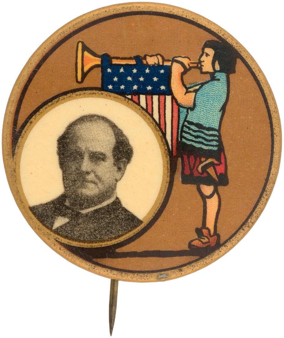 BRYAN RARE PORTRAIT BUTTON WITH ARTIST MAXFIELD PARRISH: 1.75" without back paper and maker's name. Bottom edge has bump that created 1/16" long cello cut and resulting tiny gray mark on the very edge of the rim. Additionally, but seen just in reflected lig