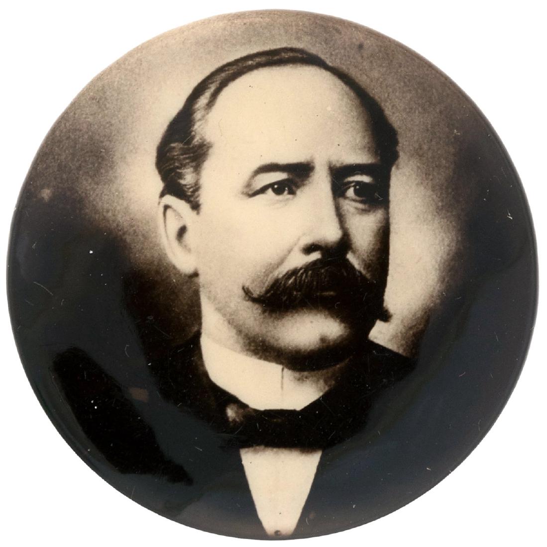 UNUSUAL DEEP SEPIA TONED ALTON PARKER REAL PHOTO BUTTON: 1.25" w/80% complete "Selig & Kaufman Co. Philadelphia" back paper. NM displaying Mint. Scarce. Ron Koot Collection.