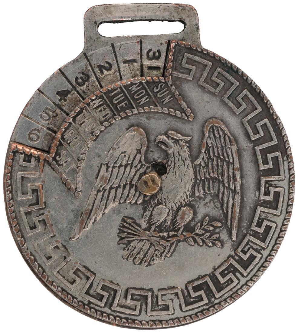 PAN-PACIFIC 1915 PERPETUAL CALENDAR FOB & PORTUGUESE ON: First is very unusual combination watch fob/calendar device 1-7/16" tall. Three pieces of metal are held together by a single rivet at the center. One side of the piece has spread wing eagle and on th