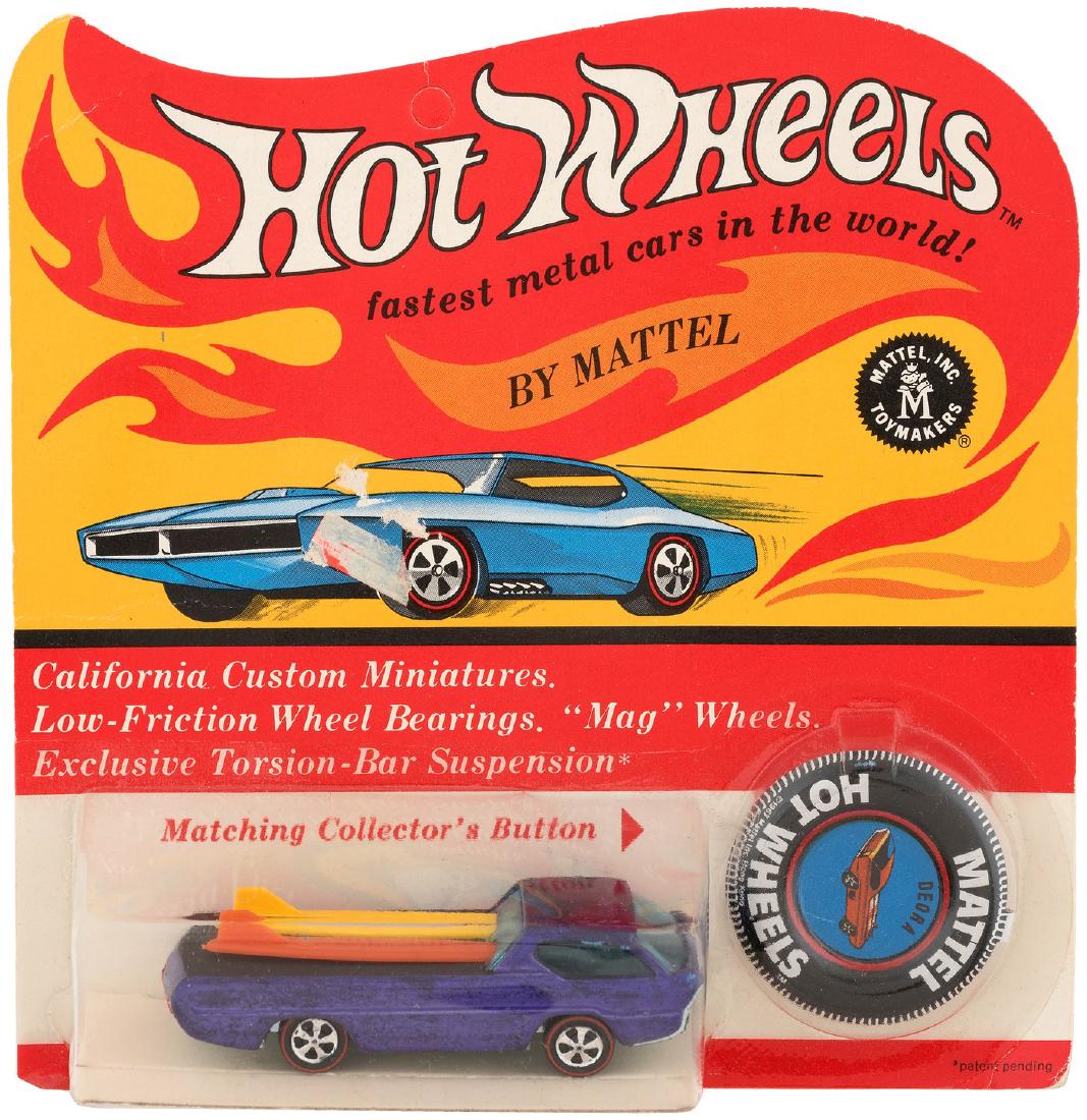 "HOT WHEELS DEORA" ON CARD - PURPLE.: Mattel, c. 1968. Hong Kong issue. Unpunched blister card has lt. center warp and lt. crease on lower right edge. Lt. creasing on front at upper left and lower right corners. Lt. edge wear. Blister is