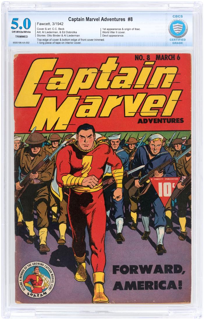 "CAPTAIN MARVEL ADVENTURES" #8 MARCH 1942 CBCS 5.0 VG/F: Fawcett. First appearance and origin of Ibac. World War II cover. Devil appearance. Cover and art by C.C. Beck. Art by Al Liederman and Ed Dobrotka. Stories by Otto Binder and Al Liederman. Top edge o