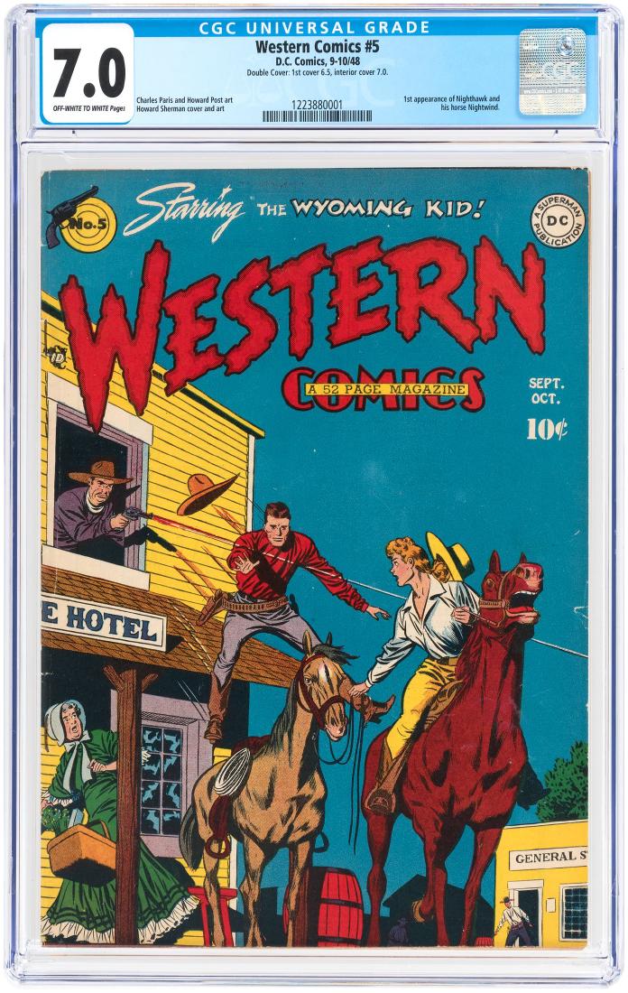 "WESTERN COMICS" #5 SEPTEMBER-OCTOBER 1948 CGC 7.0 FINE: DC Comics. First appearance of Nighthawk and his horse Nightwind. Charles Paris and Howard Post art. Howard Sherman cover and art. Double cover w/first cover grading 6.5 and the interior cover grading
