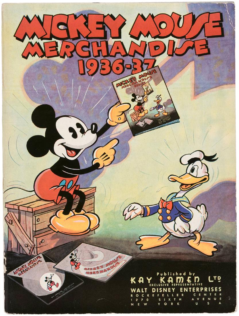 WALT DISNEY "MICKEY MOUSE MERCHANDISE 1936-37" EXCEPTIO: 9x12" w/84 glossy pages. Published by Kay Kamen Ltd., this is the third annual edition and the covers of the first two are shown as part of the infinity cover art featuring Mickey Mouse and Donald Duc