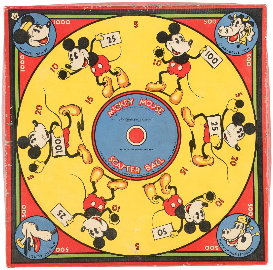 "MICKEY MOUSE SCATTER BALL GAME" BOXED ENGLISH VERSION.: See previous item #1574. This is English version by Chad Valley. Differences between this set and American is that this set includes six Mickey Mouse images holding score cards, instead of eight and t