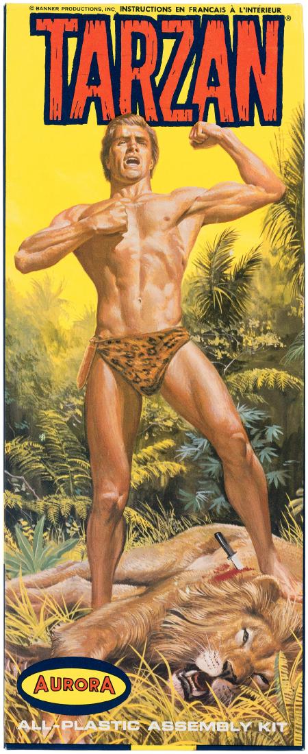 AURORA "TARZAN" MODEL KIT.: Kit No. 820-130. ©1967. This is a Canadian issue, box and instructions have text in English/French. Box shows just trace wear and is Exc. Contents are complete and unused w/a few pieces still on spru