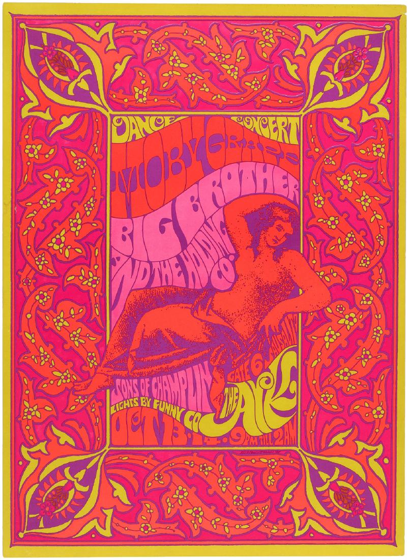 BIG BROTHER AND THE HOLDING COMPANY WITH MOBY GRAPE AT : 16x22" first printing on medium flat stock. For concerts on Oct. 13-14 at the Ark in Sausalito, CA that featured Big Brother & The Holding Co. (w/Janis Joplin), Moby Grape and Sons Of Chaplin. Art by