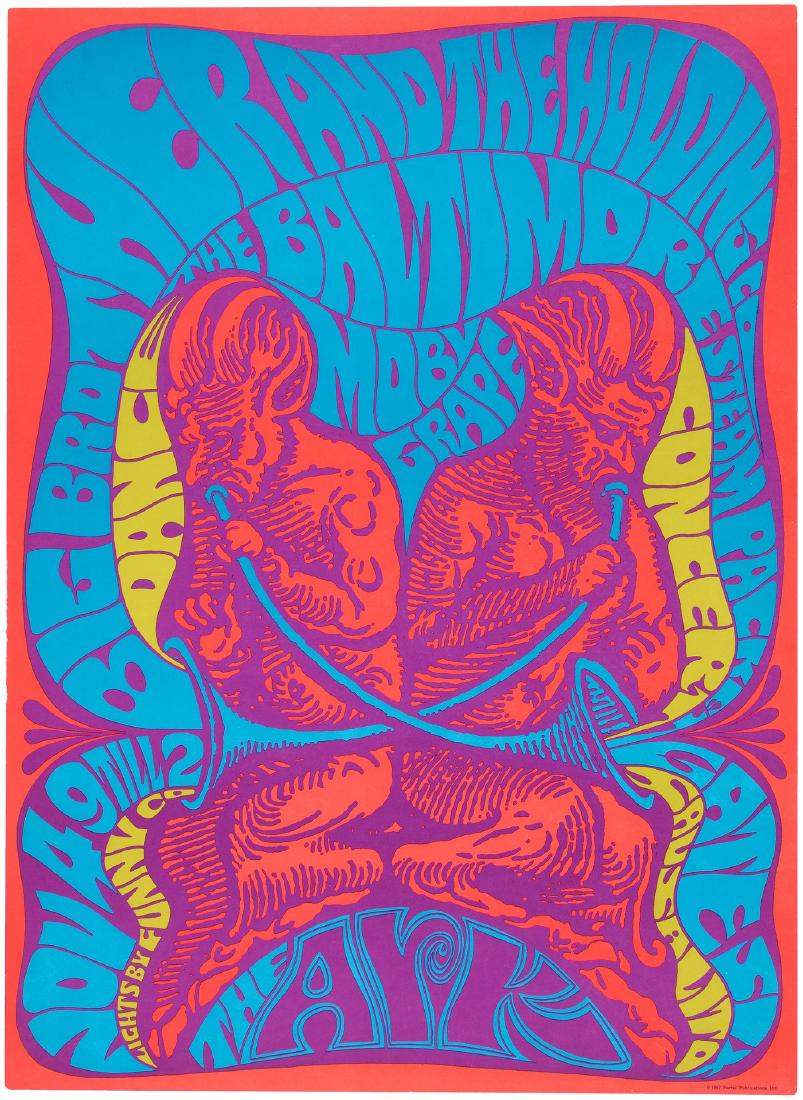 BIG BROTHER AND THE HOLDING CO. AT THE ARK 1967 CONCERT: 16x22" first printing on medium flat stock. For a concert on Nov. 4 at the Ark in Sausalito, CA that featured Big Brother & The Holding Co. (w/Janis Joplin), The Baltimore Steam Packet and Moby Grape.